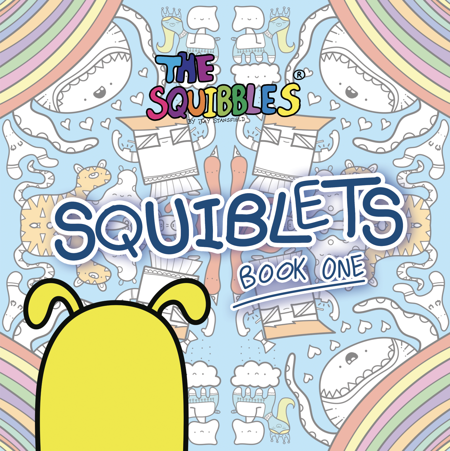 A bright and colourful illustration of a children's bok cover. The book is a colouring book and the text says SQUIBLETS by The Squiblbes.